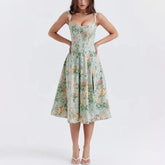 Valencia - Green Floral Print Lace Up A-Line Dress